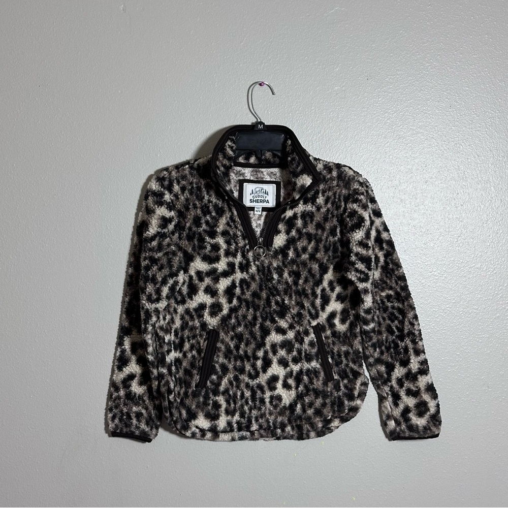 Cuddly Sherpa Girls Brown Leopard Print Kids Fleece Jacket Pullover size 10/12